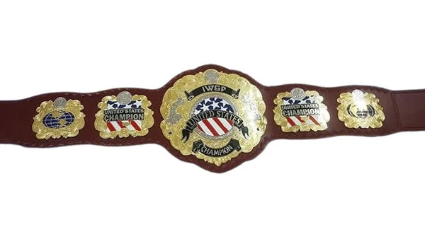 Wrestling championship belt with gold and red design on a white background