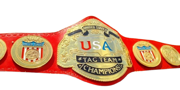 A red and gold United States Tag Team Champions belt with a large central gold plate and four matching side medallions, shown against a plain white background.