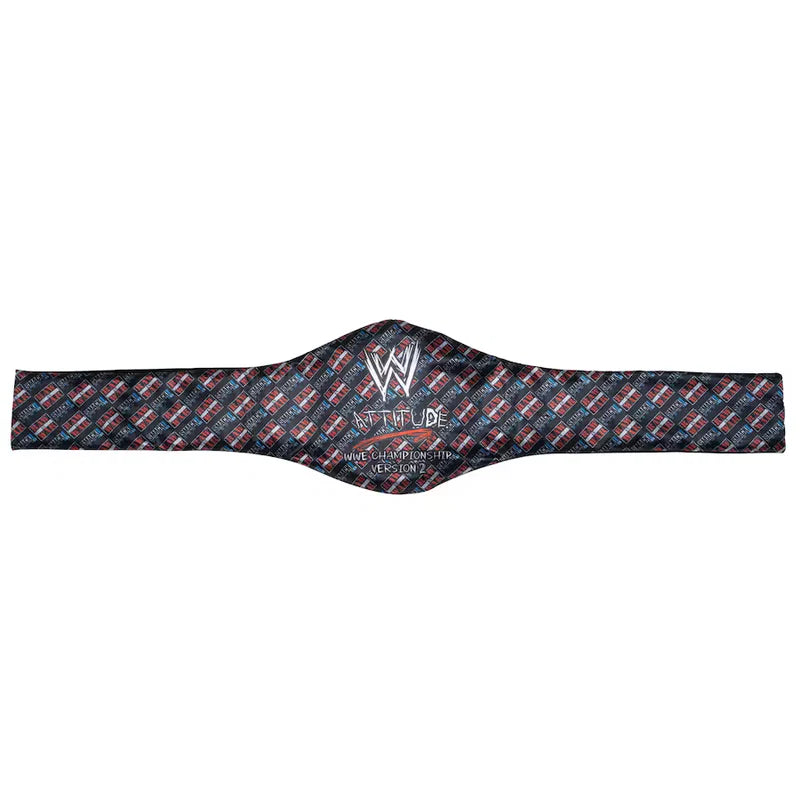 A WWE 'Attitude' World Heavyweight Championship belt featuring a dark navy blue and red patterned strap with a silver WWE logo and white text on the center buckle, shown against a plain white background.