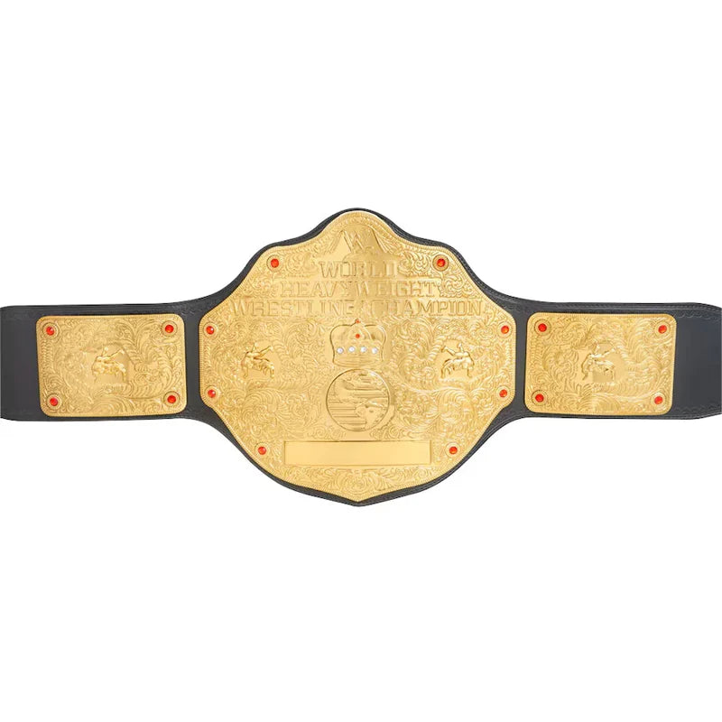 A professional wrestling championship belt with a large gold central plate and two matching gold side plates on a black strap, shown against a plain white background.