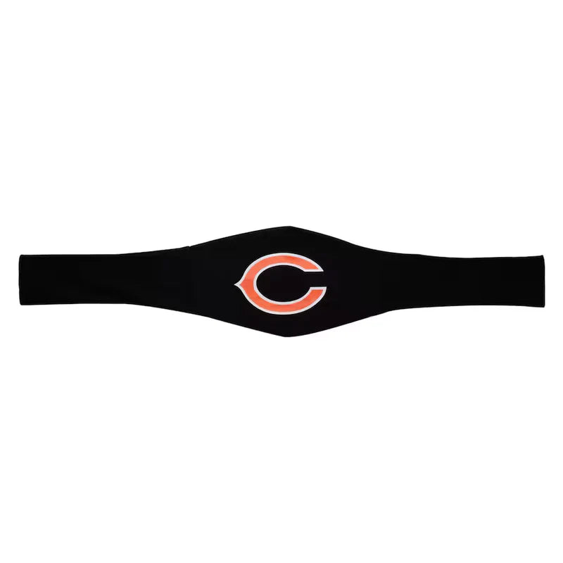 Black headband with a logo on a white background