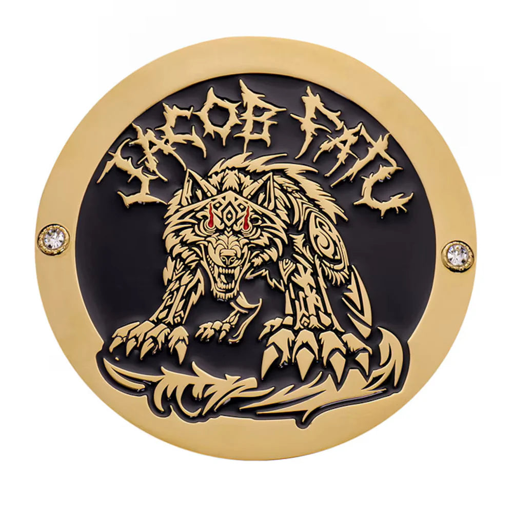 Decorative plaque with a wolf design and gold border on a black background