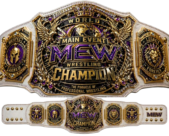 MEW World Main Event Wrestling Champion replica title belt with white strap purple and gold detailing