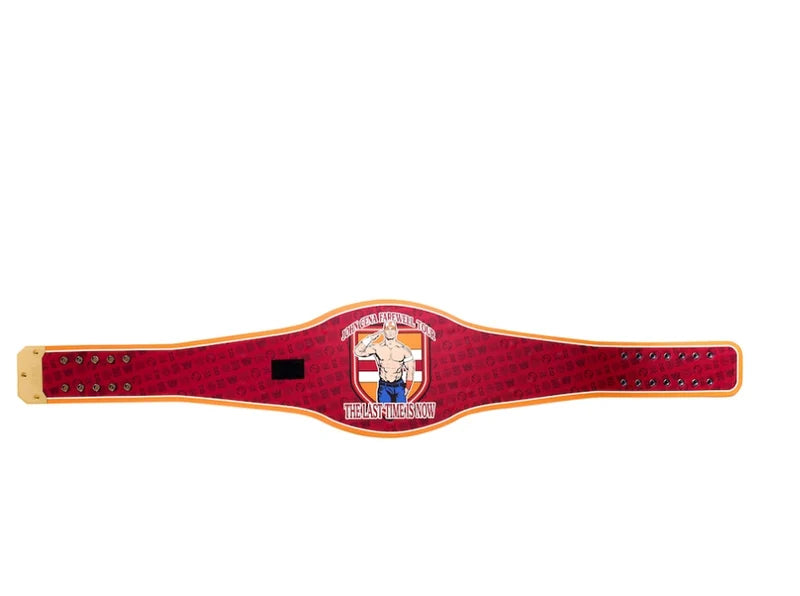 Red championship belt with a central emblem on a white background