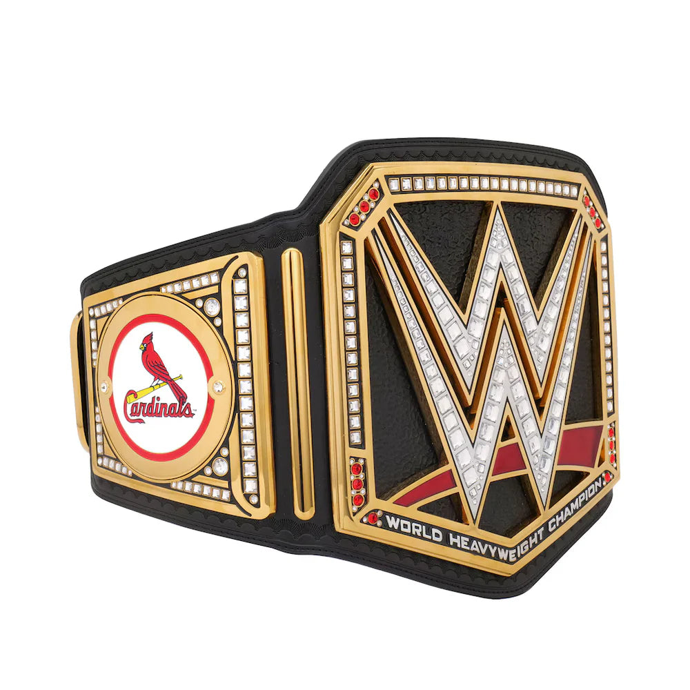 WWE championship belt with a Cardinals logo on a white background St. Louis Cardinals 16MM Championship Replica Side Plate Collector’s Box Set