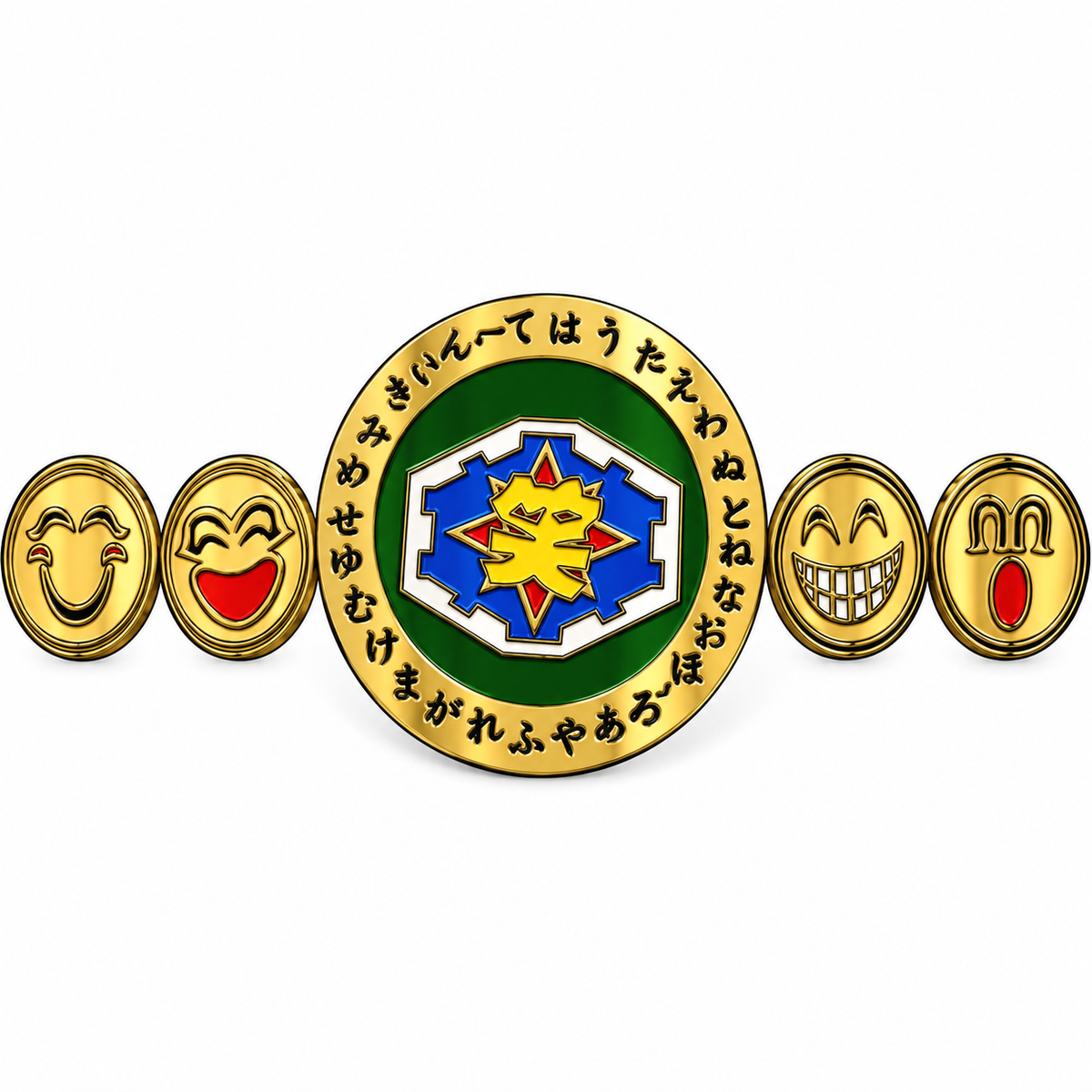A Japanese-themed belly dance belt featuring a central green and gold medallion with a blue and yellow sun emblem, surrounded by black kanji characters. The belt has four additional gold-toned oval links on each side, decorated with expressive cartoon faces in red, yellow and white.