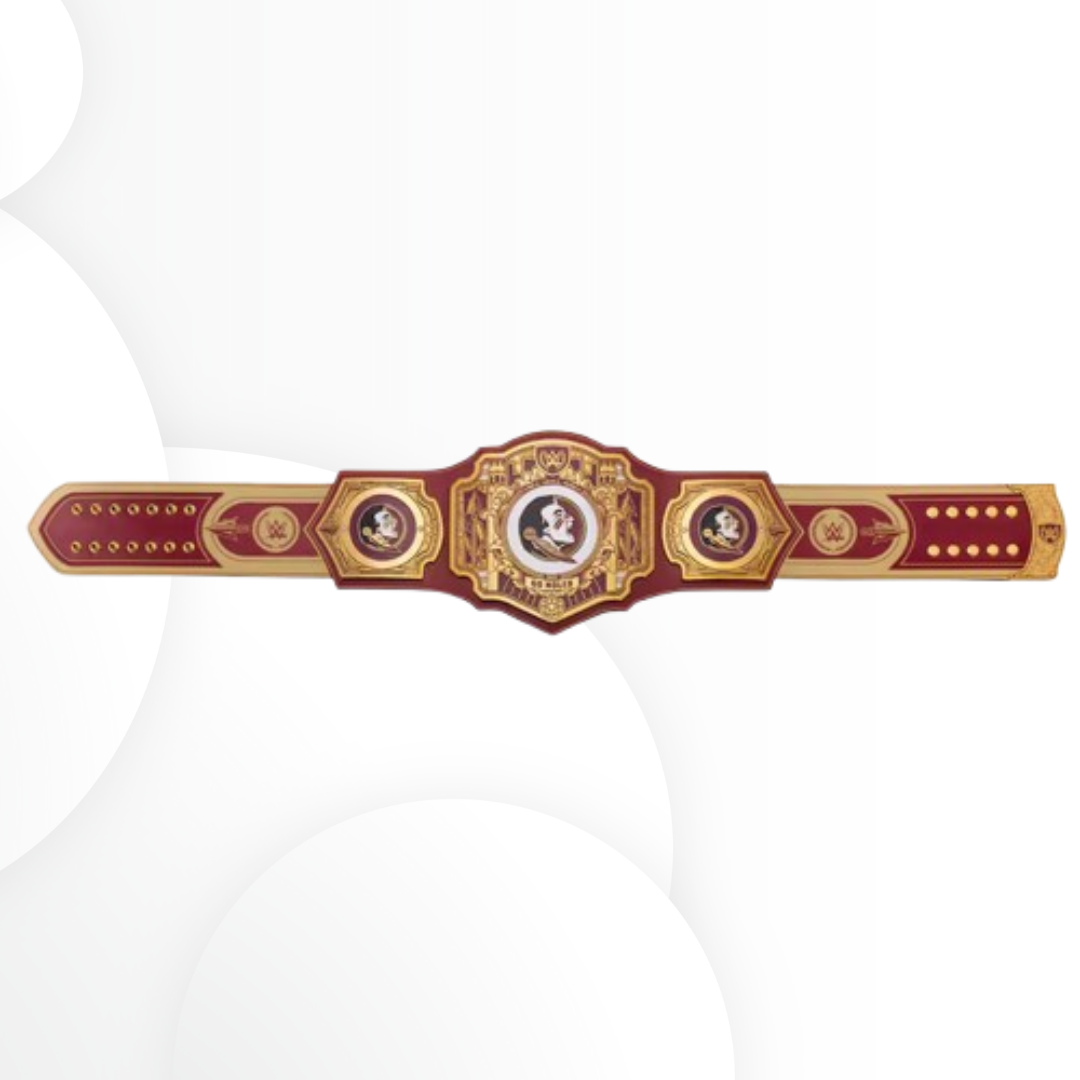 Decorative belt with gold and red design on a white background