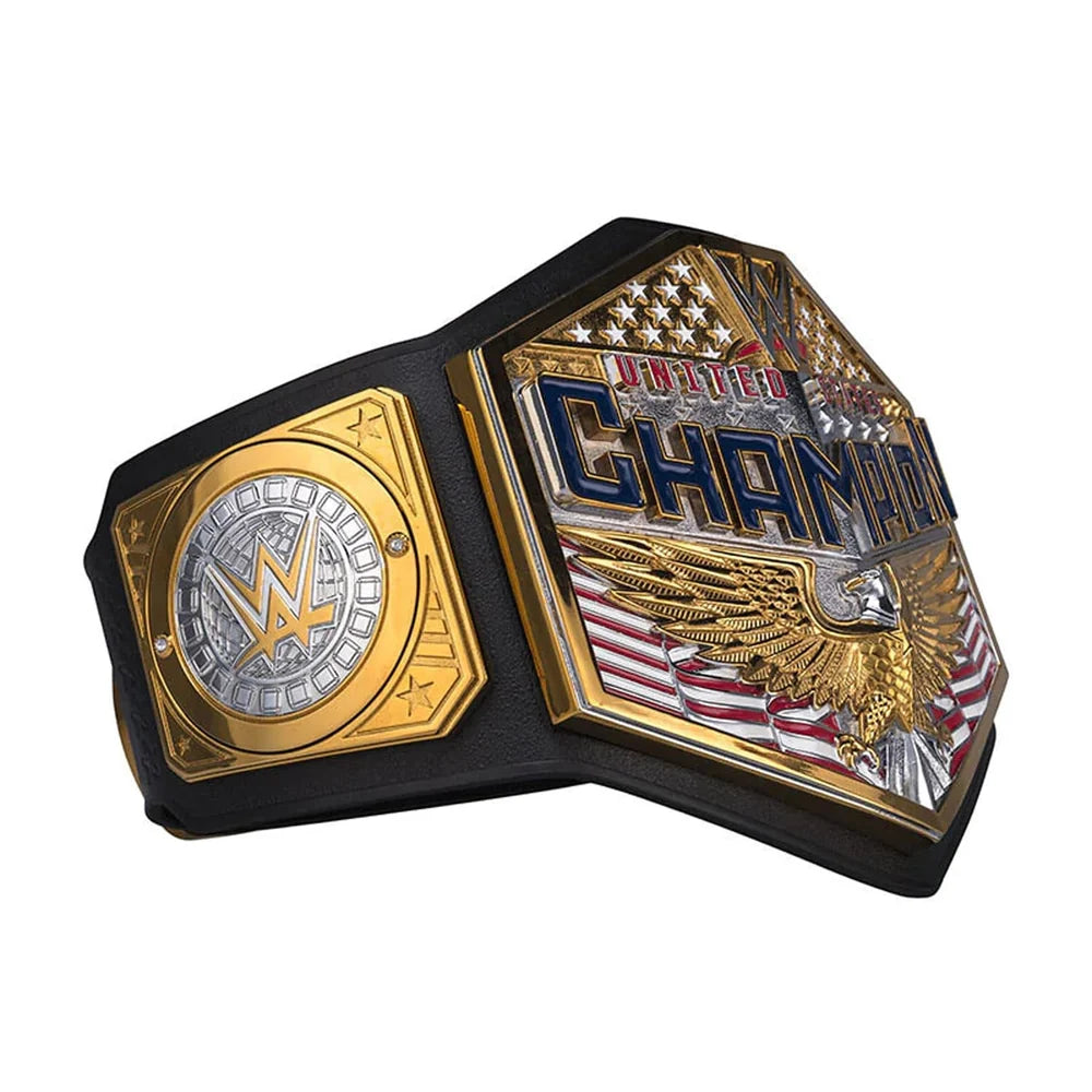 Wrestling championship belt with gold and black design on a white background
