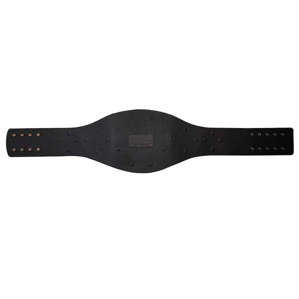A black leather championship belt with textured studs and gold-tone metal rivets on the ends, displayed horizontally against a plain white background.