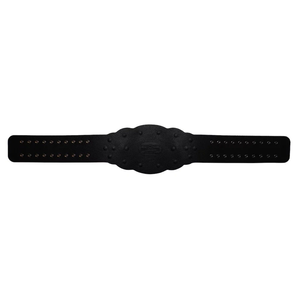 A black textured belt with a central oval buckle and rows of small metallic studs on both sides, shown against a plain white background.