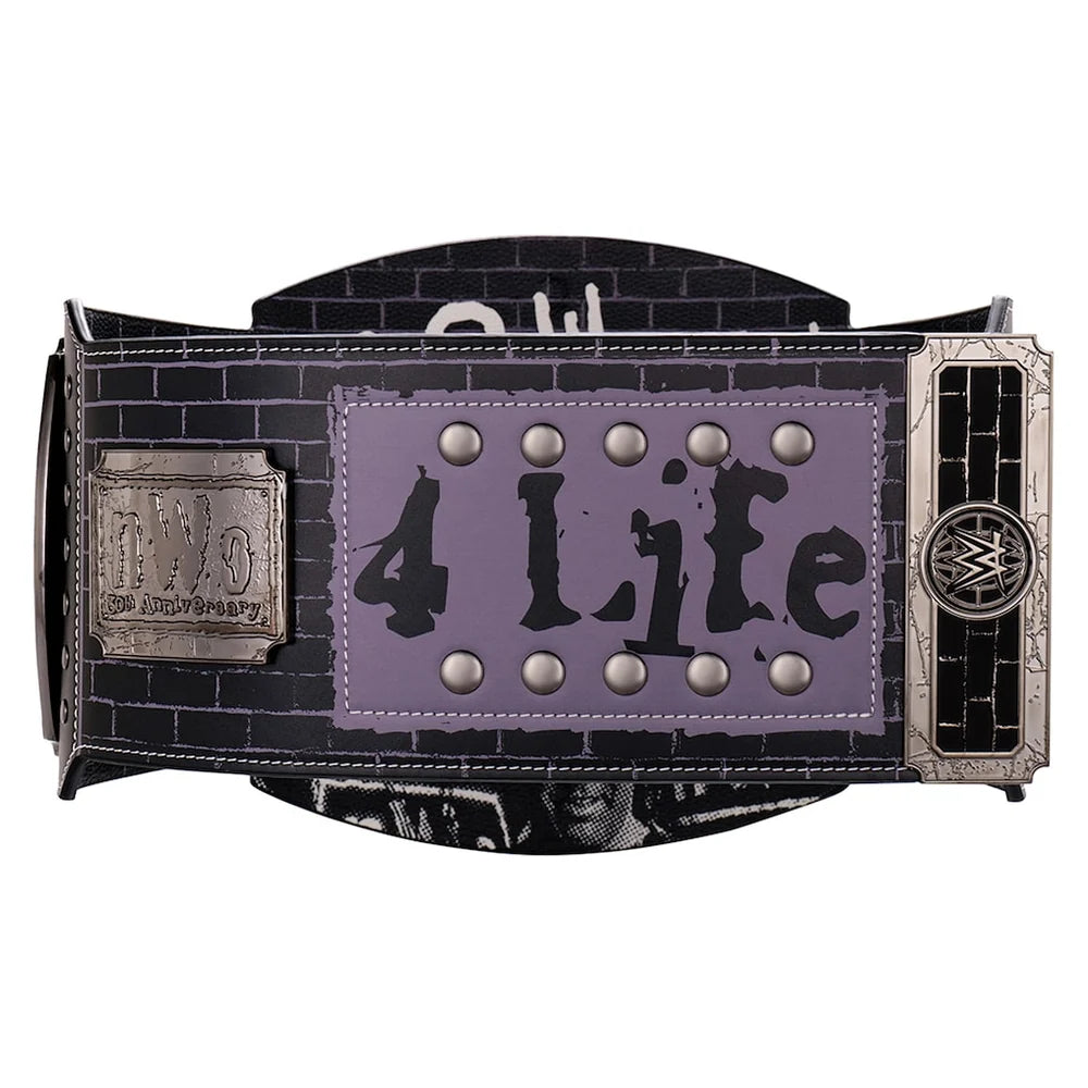 A WWE 4 Time Champion belt featuring a black brick-patterned strap, a central lavender-purple panel with '4 Time' in black text and silver studs, and silver-toned metal hardware on both ends.