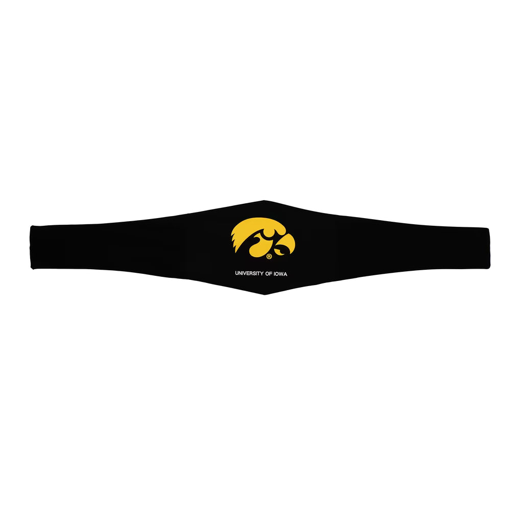 A black athletic headband featuring the yellow University of Iowa Hawkeyes logo and white text on the front, displayed against a solid white background.