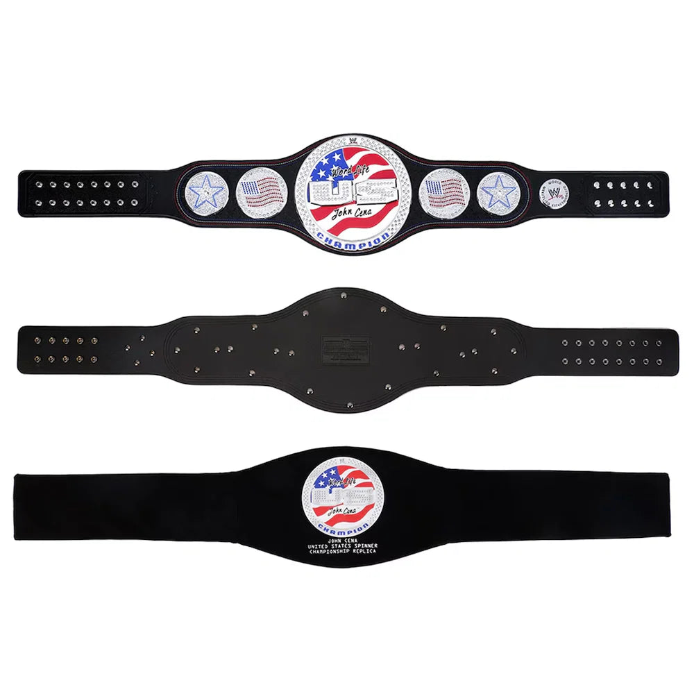 Three views of a black championship belt with a central round medallion featuring an American flag and the words 'Patriot Champion', plus star and flag emblems on the strap, shown on a white background.