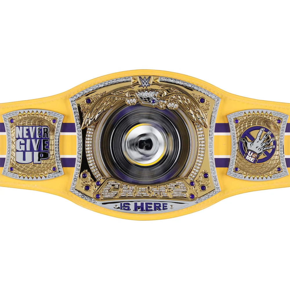 WWE championship belt with yellow strap and silver buckle on a white background