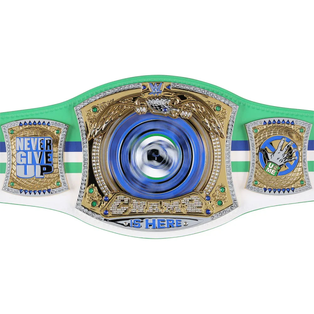 A custom WWE championship belt featuring a green and white strap with blue stripes, a large gold central plate with a blue circular center, and two side plates with gold and silver panels.