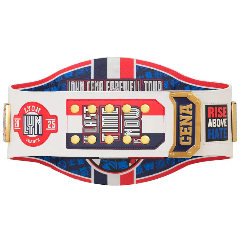 A replica championship belt featuring John Cena's 'Fastlane' theme, with red, white, and blue panels and gold-tone hardware, displayed on a clean white background.