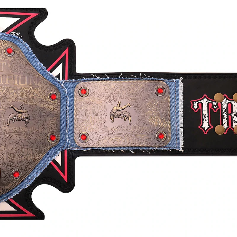 Wrestling championship belt with detailed design and red accents on a white background