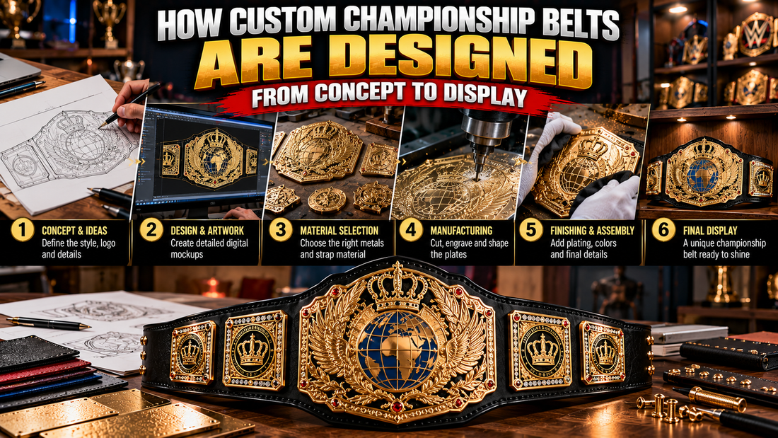 Custom championship belt design process from concept and artwork to manufacturing, finishing, and final display.