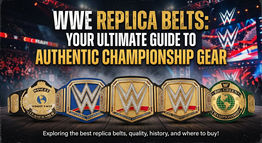 featured banner displaying iconic WWE championship replica belts in front of a stadium background