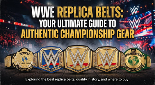 featured banner displaying iconic WWE championship replica belts in front of a stadium background