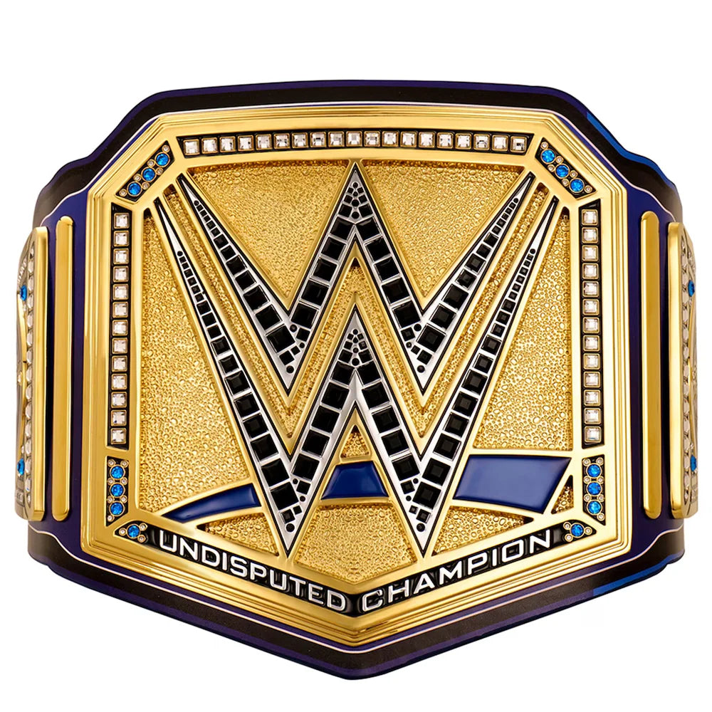 WWE championship belt with gold and blue design on a white background