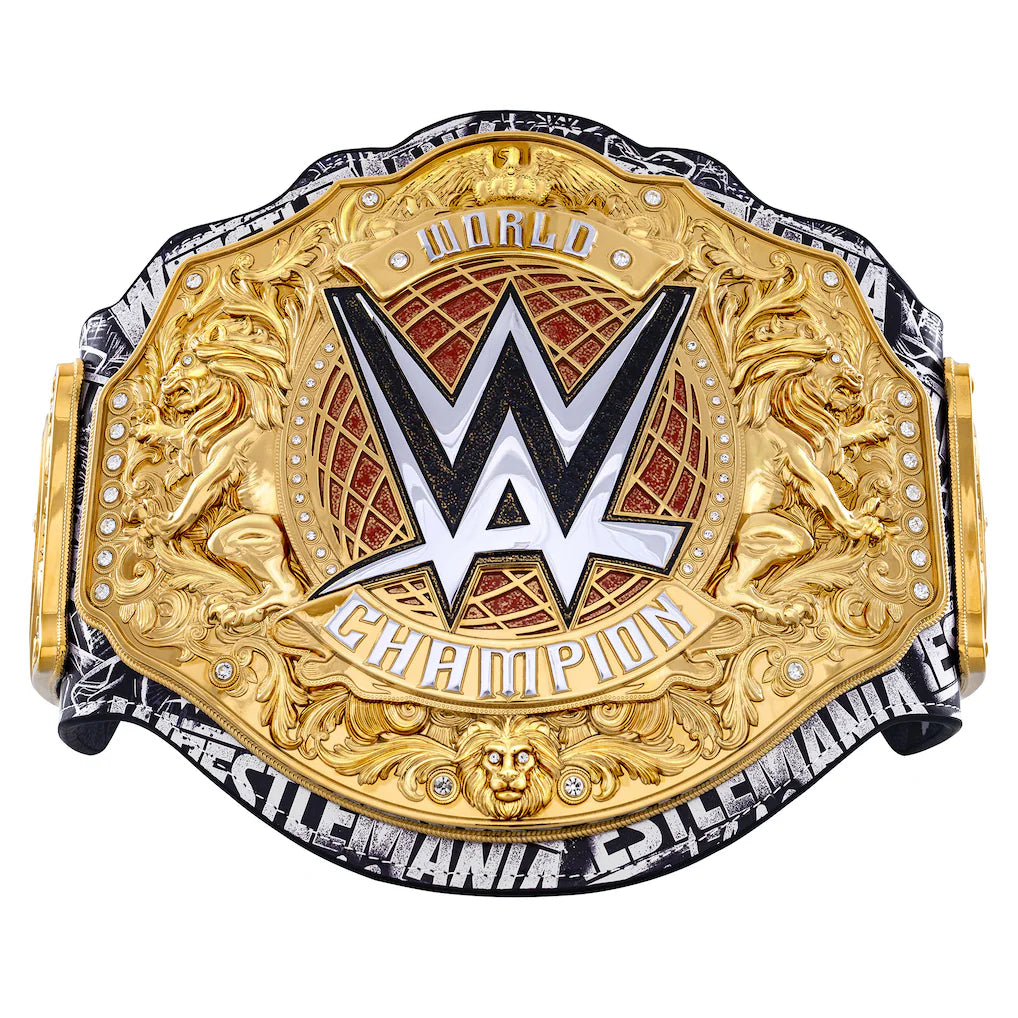 WWE championship belt with gold and black design on a white background
