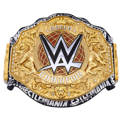 WWE championship belt with gold and black design on a white background