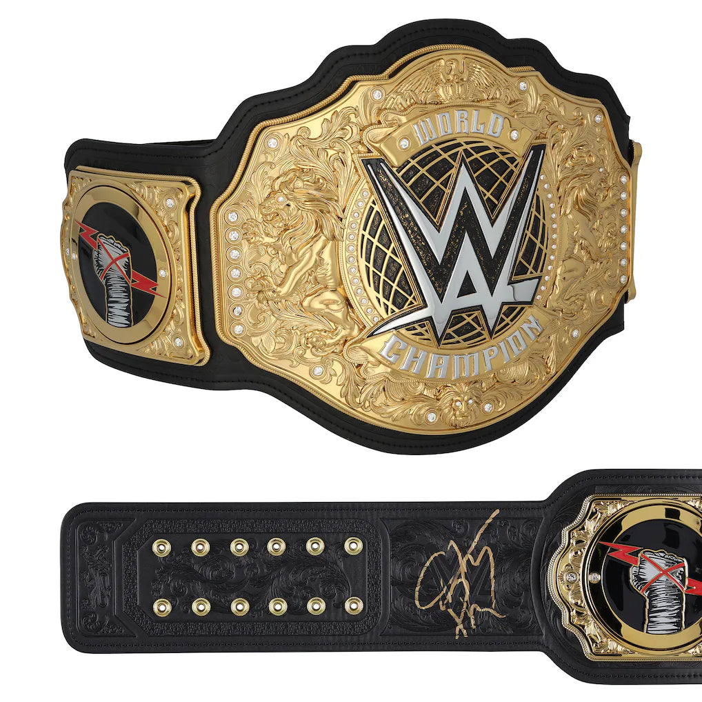 WWE championship belt with gold and black design on a white background