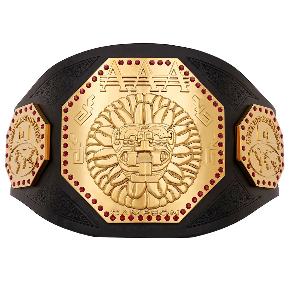A championship-style belt with a large central gold-toned octagonal plate featuring a lion face motif and the text 'AAA', flanked by two smaller gold-toned side plates, all mounted on a black curved base. The belt is photographed on a plain white background.
