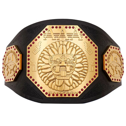 A championship-style belt with a large central gold-toned octagonal plate featuring a lion face motif and the text 'AAA', flanked by two smaller gold-toned side plates, all mounted on a black curved base. The belt is photographed on a plain white background.