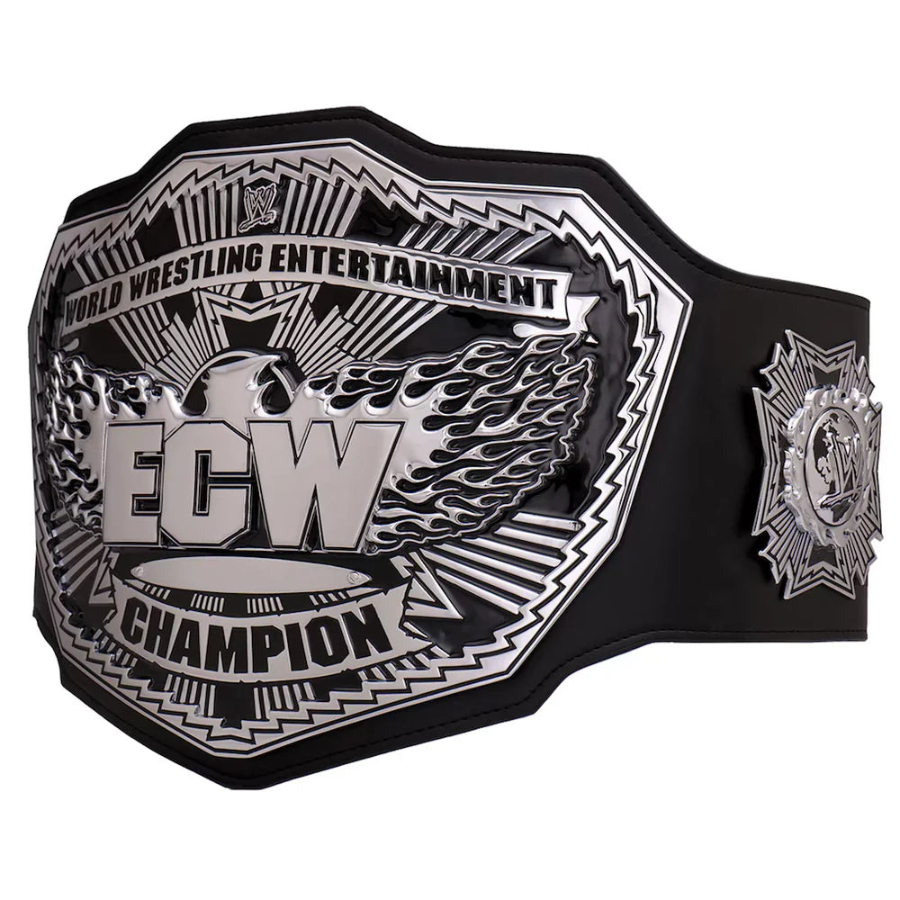 ECW Championship belt with black and silver design on a white background