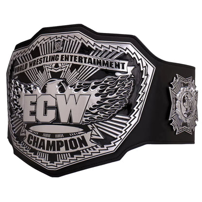 ECW Championship belt with black and silver design on a white background