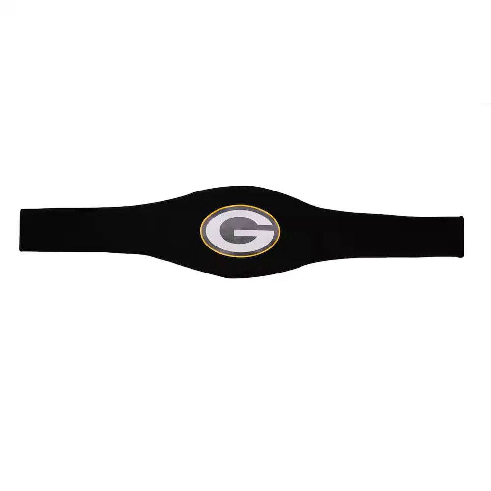 Black sweatband with a logo on a white background