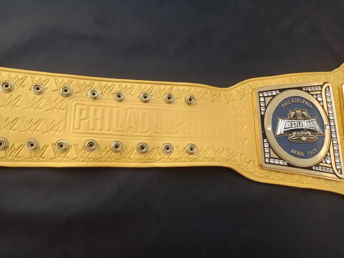 Wrestling championship belt with detailed design on a dark background
