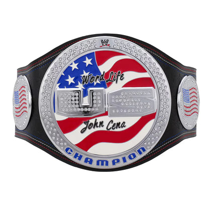 WWE championship belt with American flag design and 'Word Life' and 'John Cena' text.