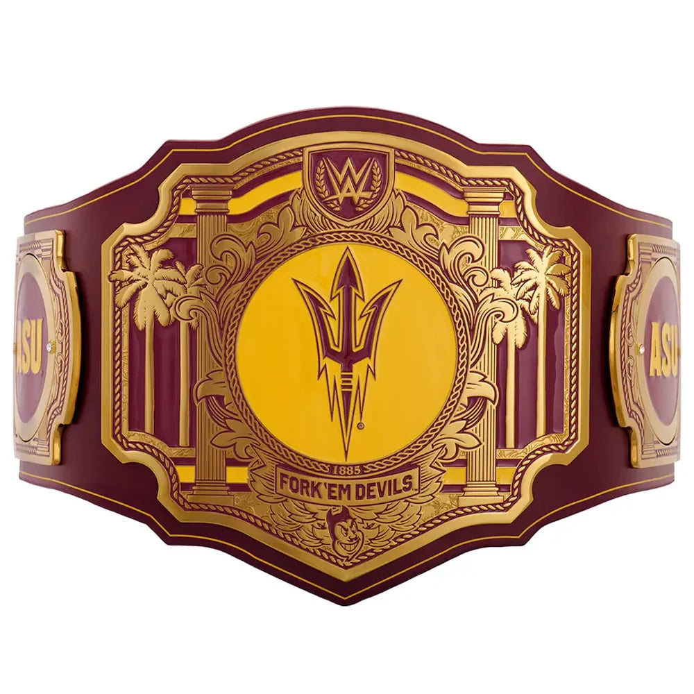 Decorative belt with gold and maroon design featuring a logo and text on a white background