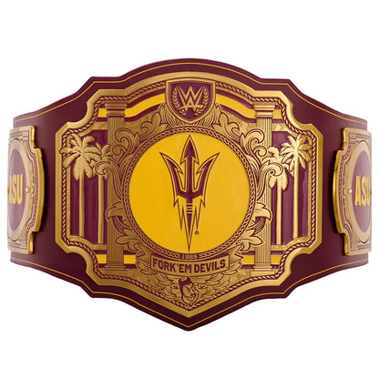 Decorative belt with gold and maroon design featuring a logo and text on a white background