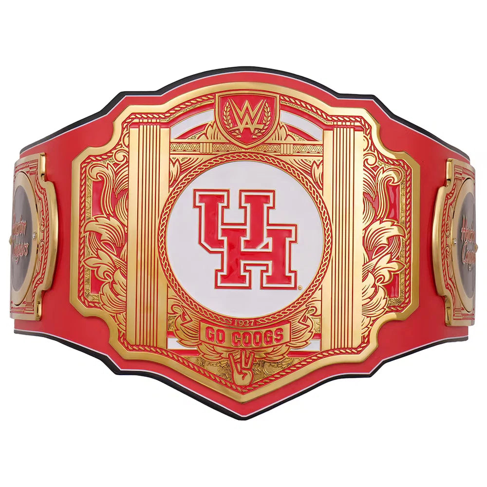A WWE Raw Championship belt featuring a red and gold ornate design with a white center and red 'UH' logo, on a plain white background.