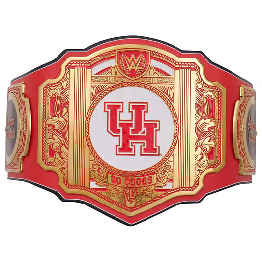 A WWE Raw Championship belt featuring a red and gold ornate design with a white center and red 'UH' logo, on a plain white background.