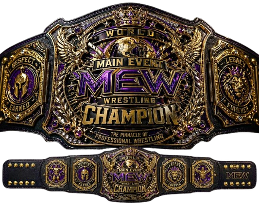 MEW World Main Event Wrestling Champion Replica Title Belt with Black Strap and Purple Gold Detailing