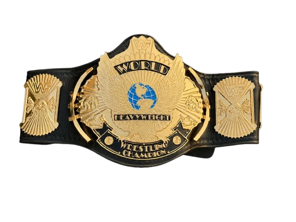 A WWE Heavyweight World Wrestling Champion belt featuring a large gold-colored central plate with a blue globe emblem, flanked by two side plates on a black strap, isolated on a white background.