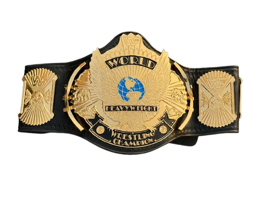 A WWE Heavyweight World Wrestling Champion belt featuring a large gold-colored central plate with a blue globe emblem, flanked by two side plates on a black strap, isolated on a white background.