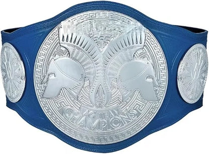 A blue and silver double championship belt featuring two large central plates and two smaller side plates, with a Spartan helmet design and Greek key patterns.