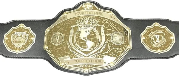 A customizable wrestling championship belt featuring a large central gold-toned plate with a globe emblem and two smaller side plates, all on a black strap, shown against a plain white background.