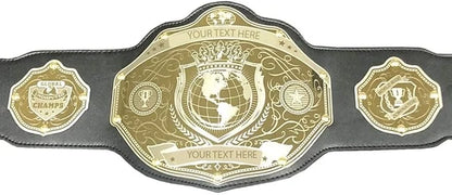 A customizable wrestling championship belt featuring a large central gold-toned plate with a globe emblem and two smaller side plates, all on a black strap, shown against a plain white background.