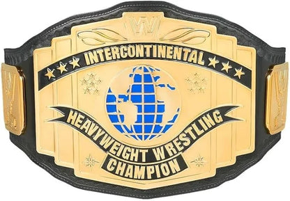 Wrestling championship belt with a large gold-toned central plate reading 'INTERCONTINENTAL HEAVYWEIGHT WRESTLING CHAMPION,' a blue globe emblem, black banners, and a black strap border.