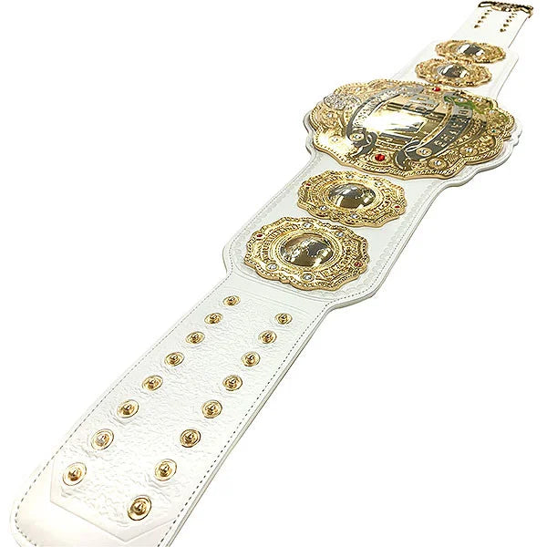 White championship belt with gold embellishments on a white background