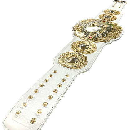 White championship belt with gold embellishments on a white background