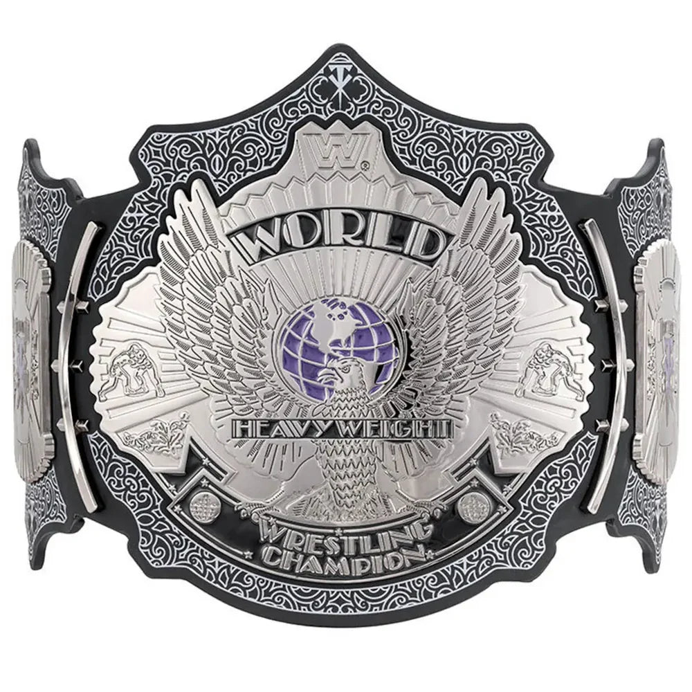 A silver and black WWE World Heavyweight Wrestling Champion belt with a purple globe emblem in the center, shown against a plain white background.