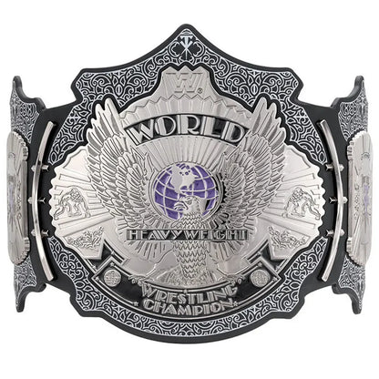 A silver and black WWE World Heavyweight Wrestling Champion belt with a purple globe emblem in the center, shown against a plain white background.